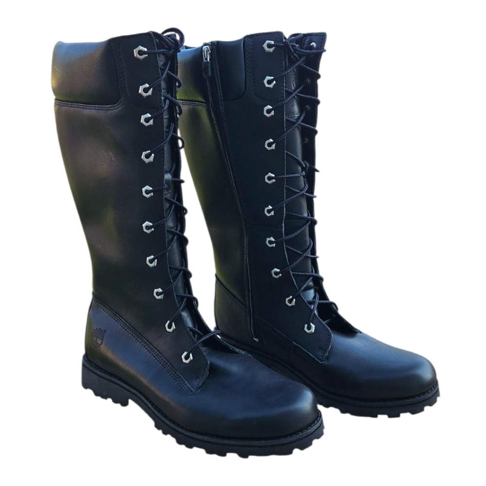Timberland Tall Black Lace-Up Combat Boots Goth Moto Waterproof 9m & 7m Jr — image 3 of 8